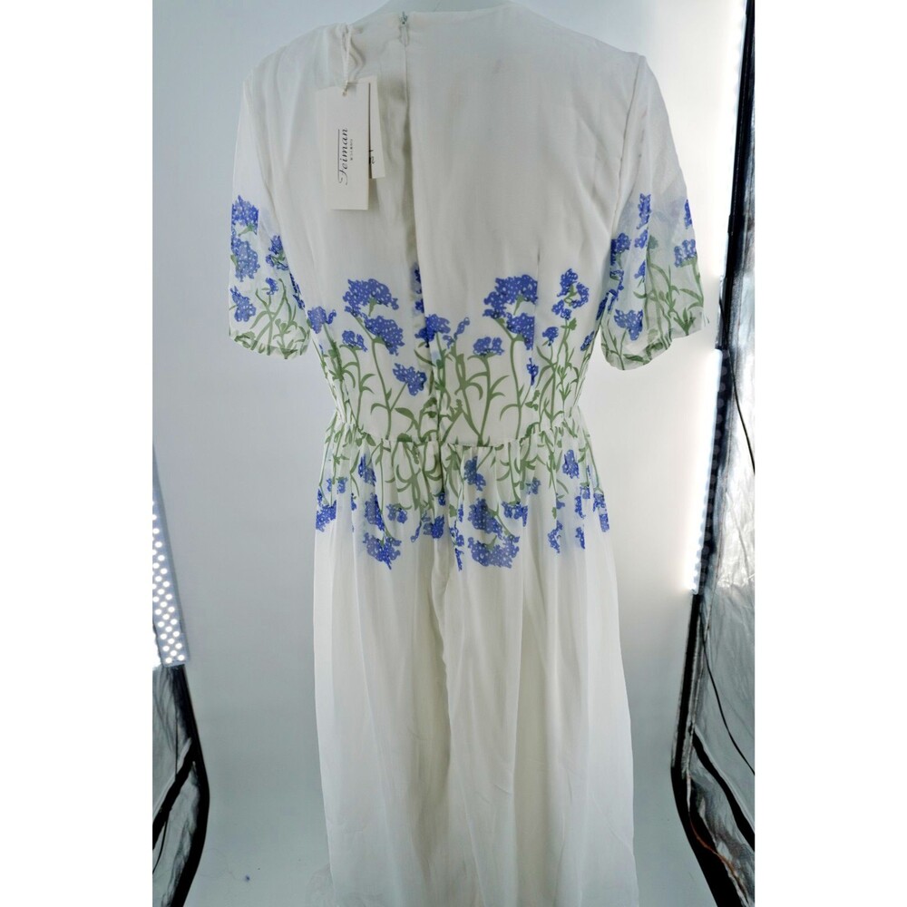 Feiman White Floral Chiffon Midi Dress Short Sleeve Blue Embroidery Size M - Picture 8 of 11